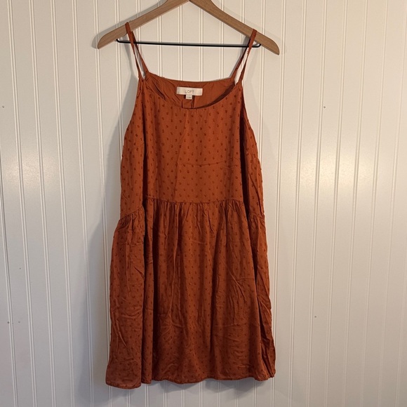 LOFT Dresses & Skirts - LOFT Swiss Dot Adjustable Spaghetti Strap Swing Dress Burnt Orange Size Medium